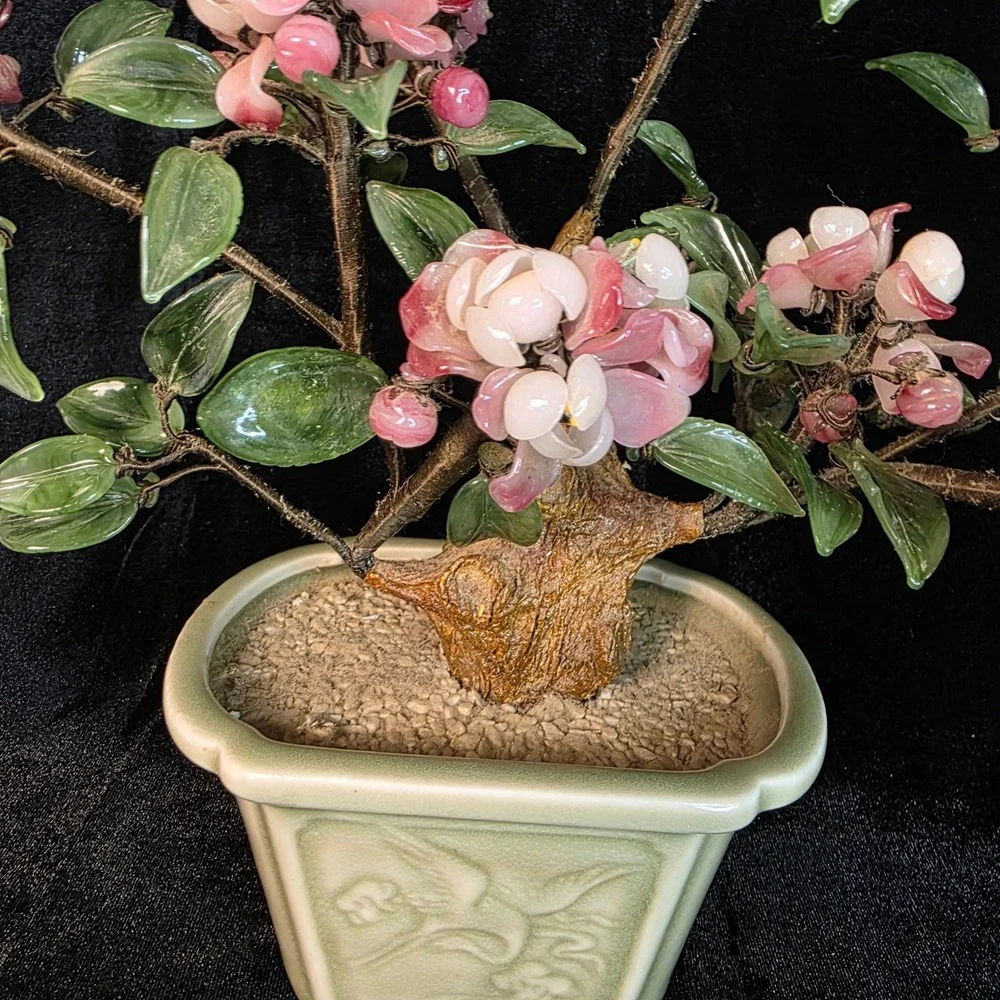VTG Chinese Peking Glass Bonsai Tree Pink Cherry Blossom Celadon Crane 13